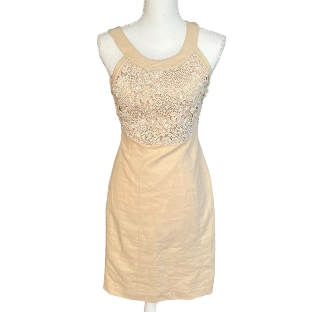 Anthropologie postcard brand linen blend floral crochet beige dress size 00